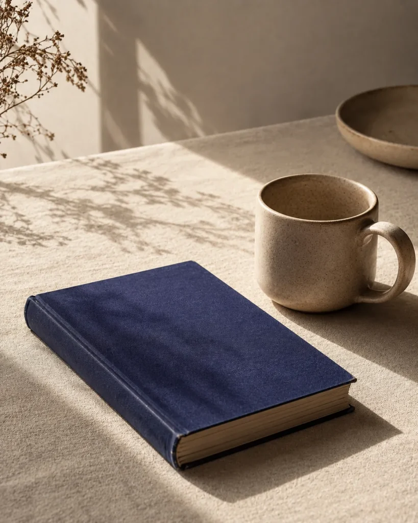 Libro y taza, bodegón editorial