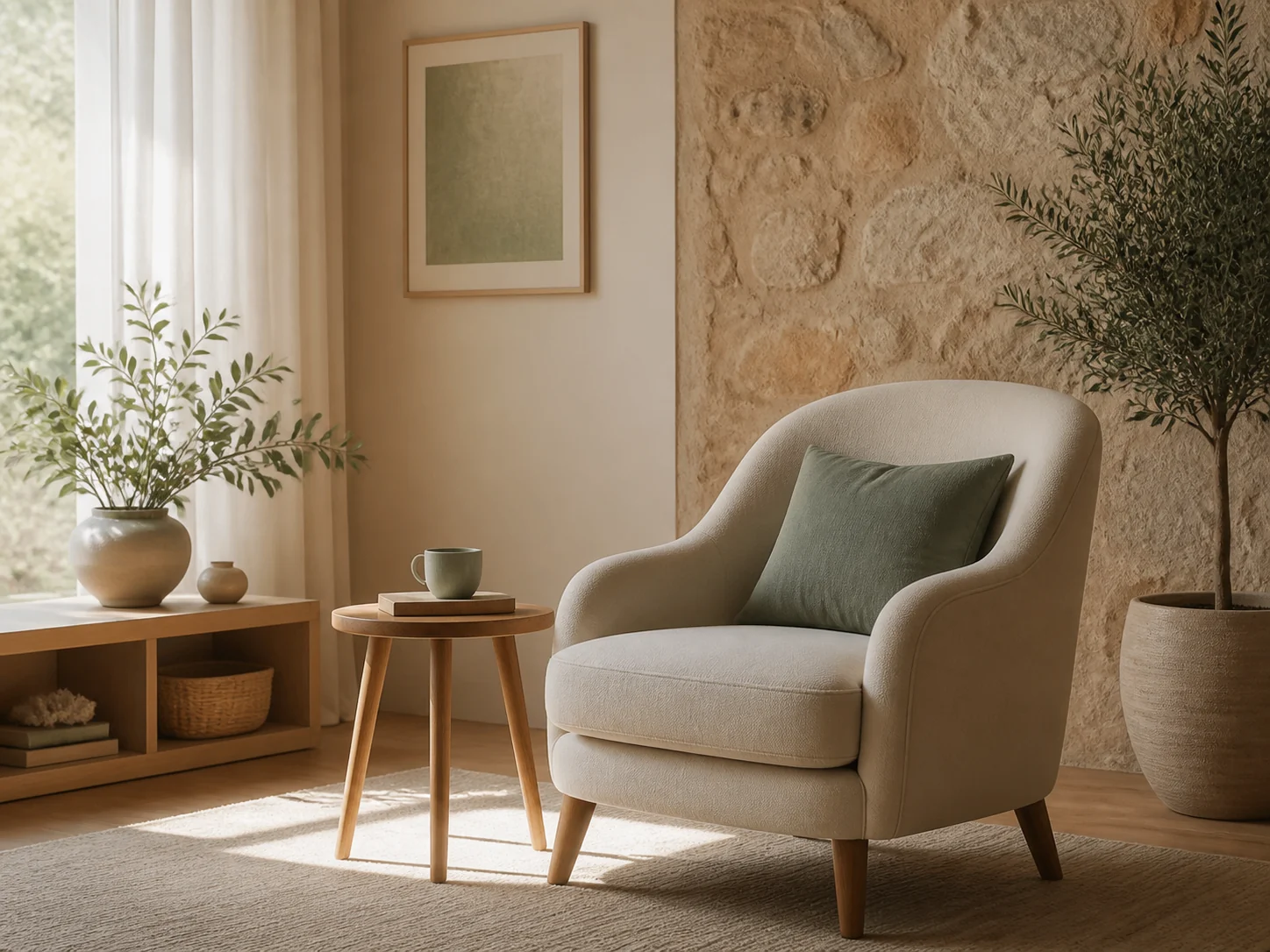 Consulta de psicología cálida con sillón, plantas y luz natural