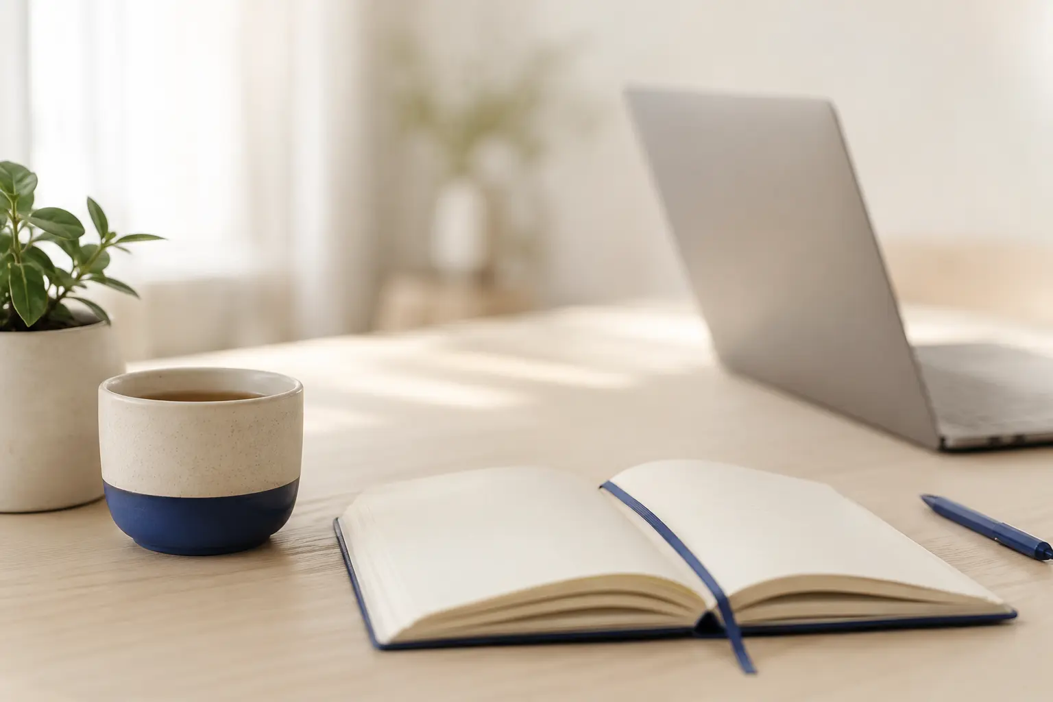 Escritorio sereno con cuaderno abierto, taza y portátil bajo luz natural