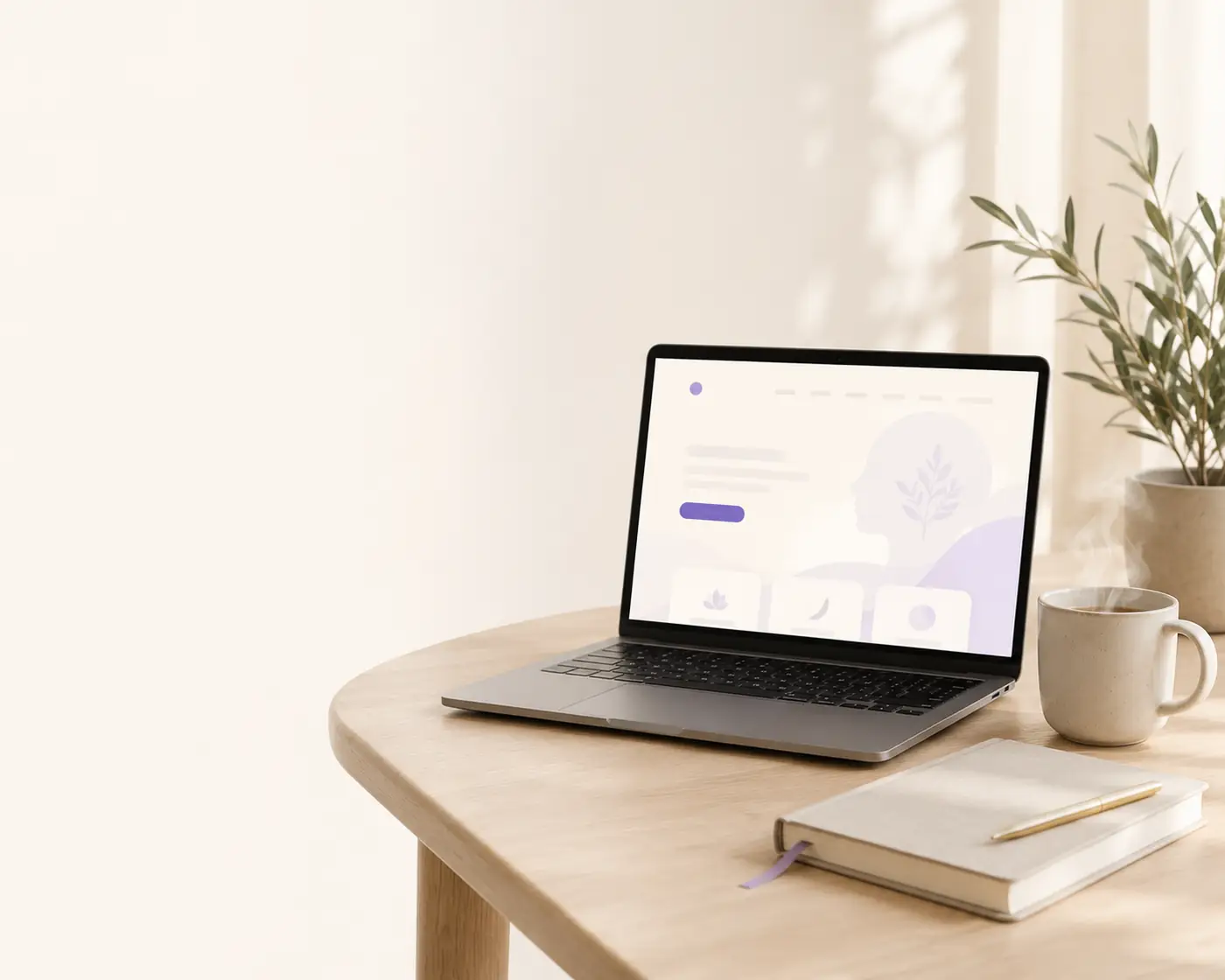 Escritorio de trabajo con un portátil mostrando la web de una consulta de psicología
