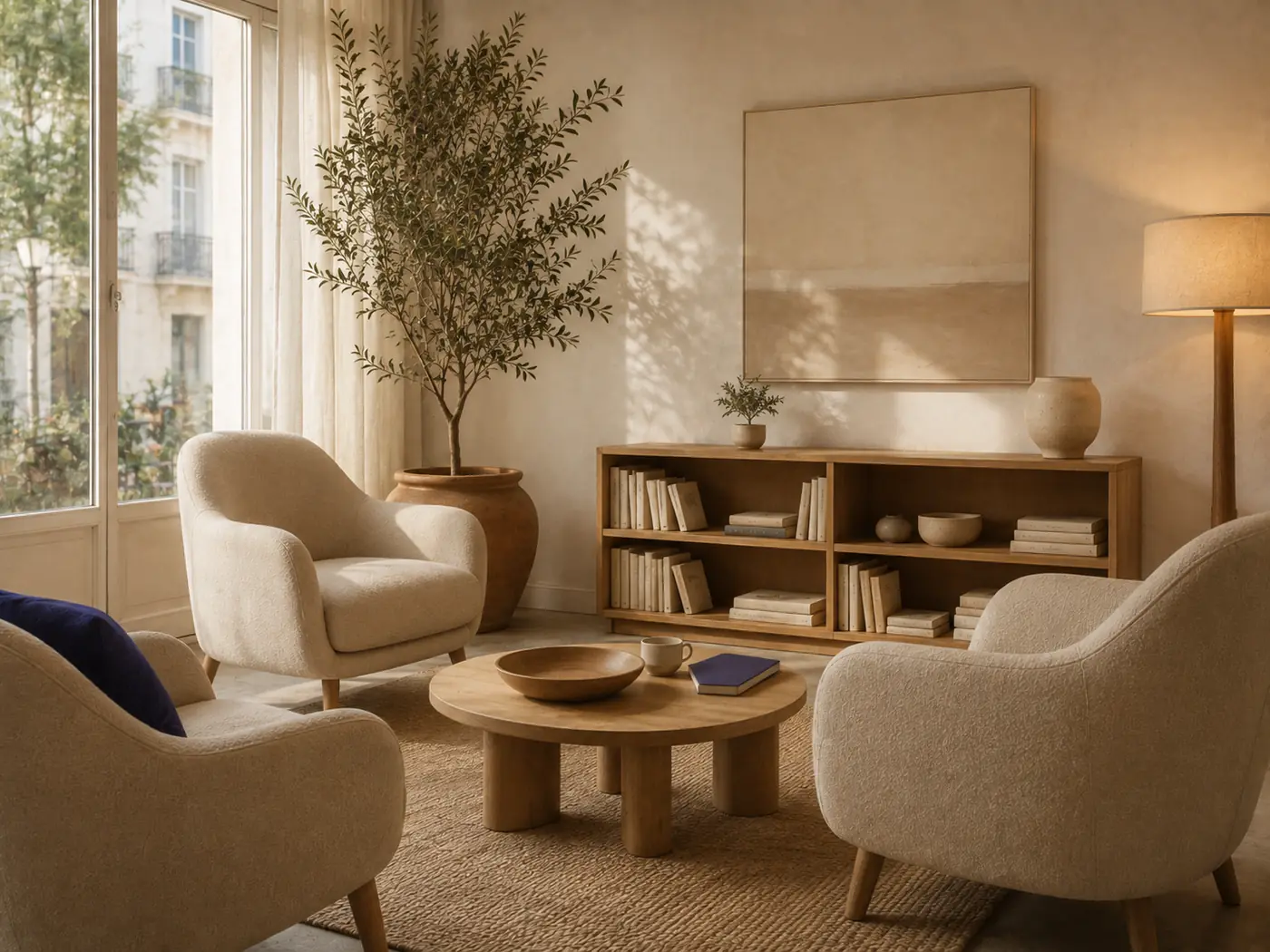 Sala de espera de una clínica de psicología con dos butacas, una estantería con libros y un ventanal