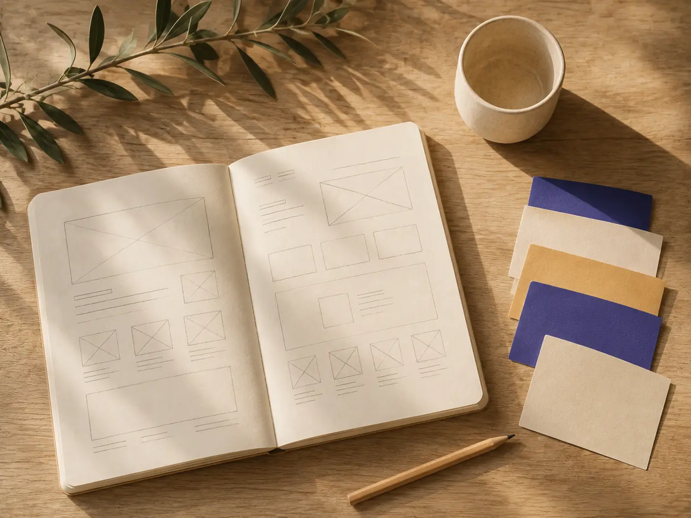 Cuaderno abierto con bocetos a lápiz de la estructura de una página web junto a muestras de color